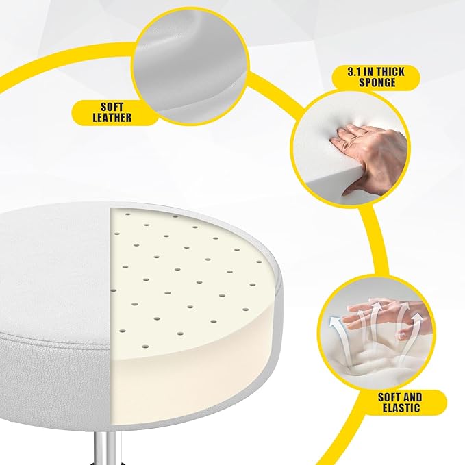 Rolling Stool With Heavy Weight Capacity 250lb, PU Leather Seat, Wheels and Footrest - Ultra Soft Padded, 360 Swivel for Spa, Drawing, Salon, Work, Office, Tattoo (White)