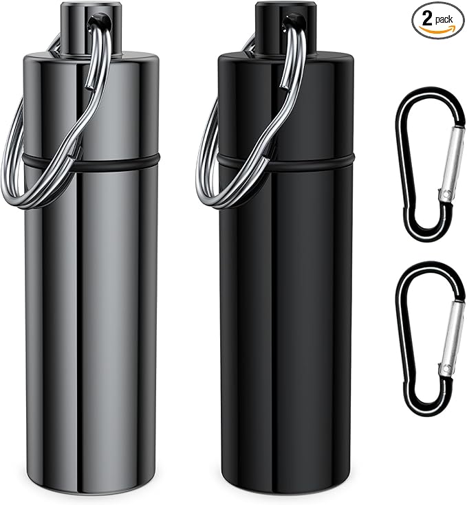 Small Pill Box,(2 Pack+2*Carabiner Clips) Keychain Pill Holder Portable Mini Travel Pill Container Metal Case Bottle with Keyring
