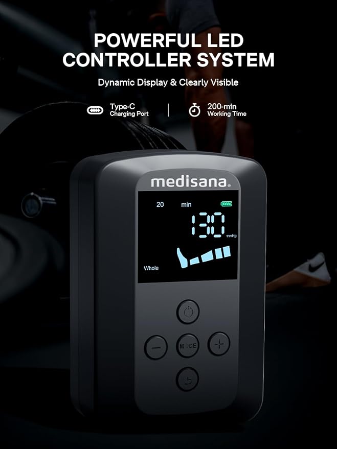 Medisana Leg Compression Massager, Cordless Rechargeable Air Pressure Boot with Multi-Customize Modes, Intensities & Timer, Leg Compression for Circulation, Pain Relief, Recovery, Christmas Gifts