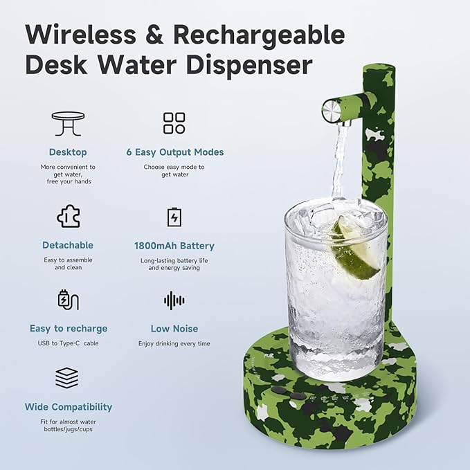 Water Dispenser for 5 Gallon Bottle – Desktop Electric Water Pump with USB-C Fast Charging, Portable 5 Gallon Water Jug Dispenser for Home, Office, Bedside & Countertop(Green Camouflage)