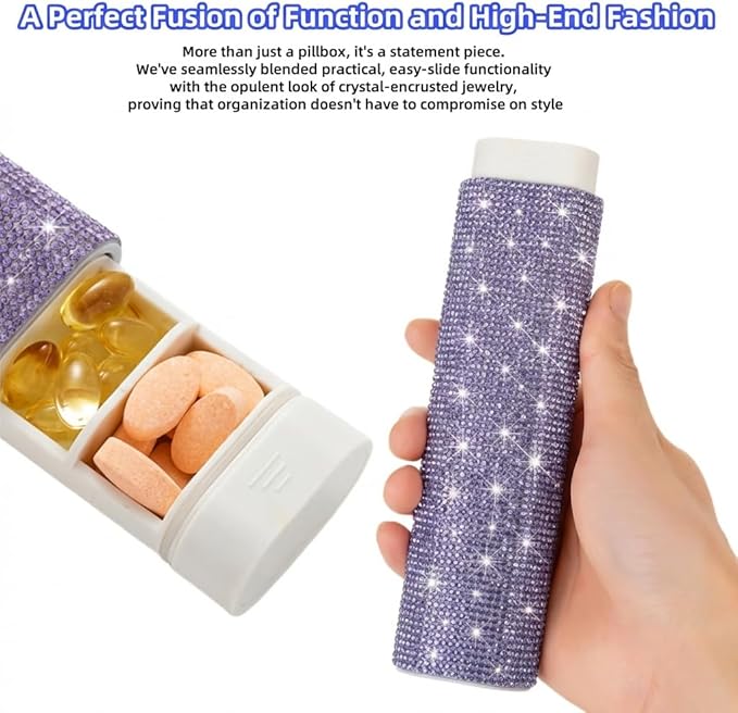 Pill Case for Purse Bling 7-Day Pill Organizer Weekly Compact Medicine Containers Travel Medication Box Holder for Traveling Women(Purple)