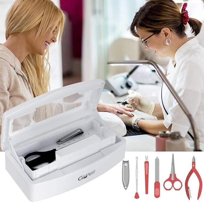 Gusnilo Sanitizing Tray - Disinfectant Container Nail Tool Sterilizer Box Plastic Sanitizing Box for Nail Tools, Hair Salon,Spa (Clear Lid, white)