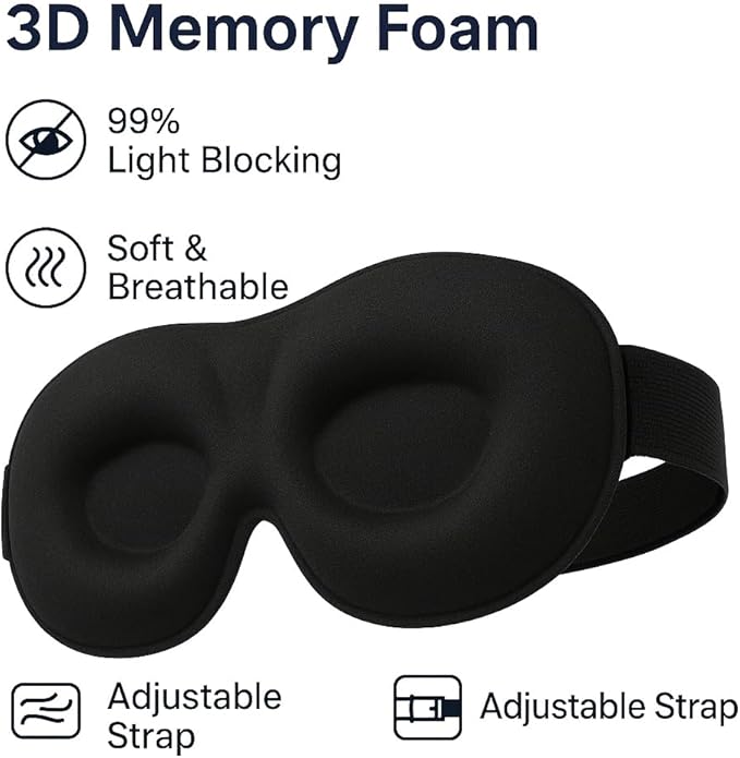 3D Contoured Sleep Mask for Side Sleepers, Light-Blocking Memory Foam Eye Mask with Adjustable Strap, Zero Eye Pressure, Soft Breathable Comfort for Deep Sleep, Travel & Naps