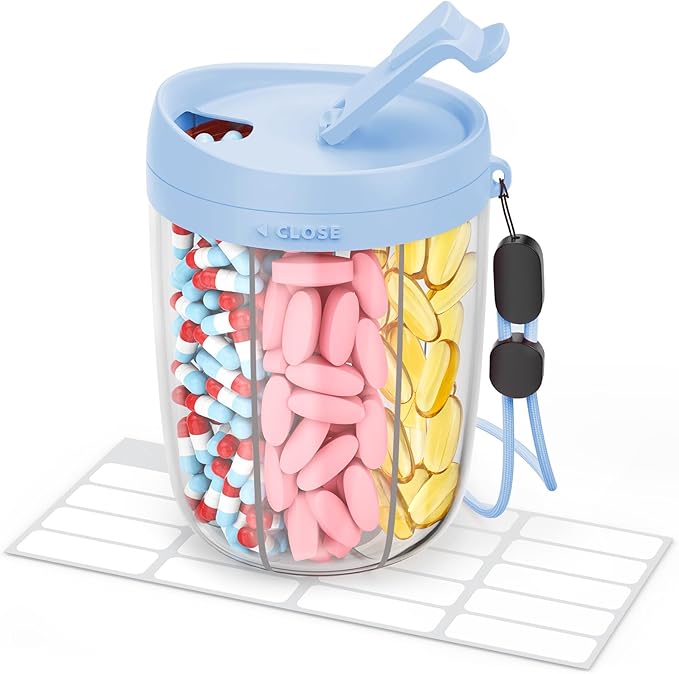 Large Pill Dispenser with 6 Compartments, Anti-Mix Pill Bottle Organizer with Wide Opening & Easy Retrieval, Vitamin Organizer for Travel, BPA-Free Pill Box with a Strap, Blue