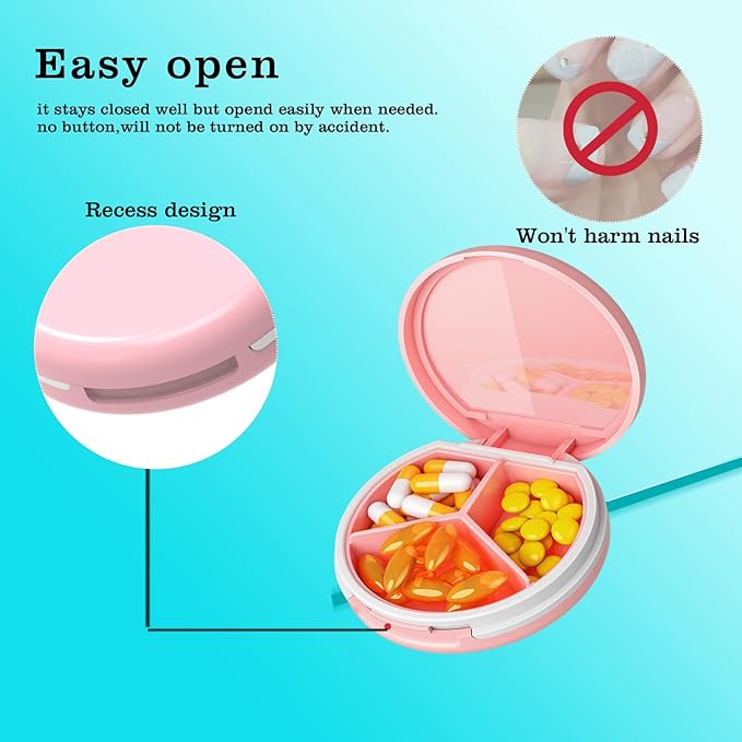 Serfeymi Small Pill Box - 3 Compartments Portable Pill Box for Purse Pocket, Compact Mini Travel Pill Case - Suitable for Medicine, Vitamin, Fish Oil, Supplements - Pink(Marble)