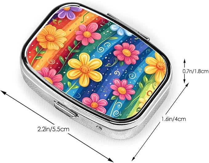 Cartoon Rainbow Flower Pattern Pill Box with Mirror 2 Compartment Metal Square Small Pill Case for Purse Pocket Portable Pill Container Holder Travel Medicine Organizer for Vitamin Fish Oil Supplement
