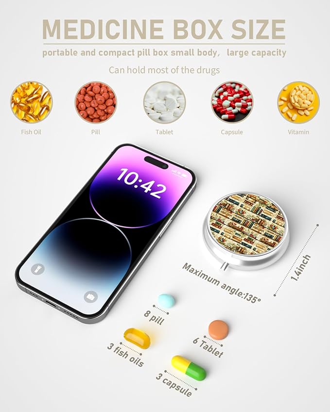 Pill Box, 3 Compartment Portable Travel Medicine Box with Mirror, Compact and Cute, Fits in Purse and Pocket, Medicine and Vitamin Organizer (Bookshelf)