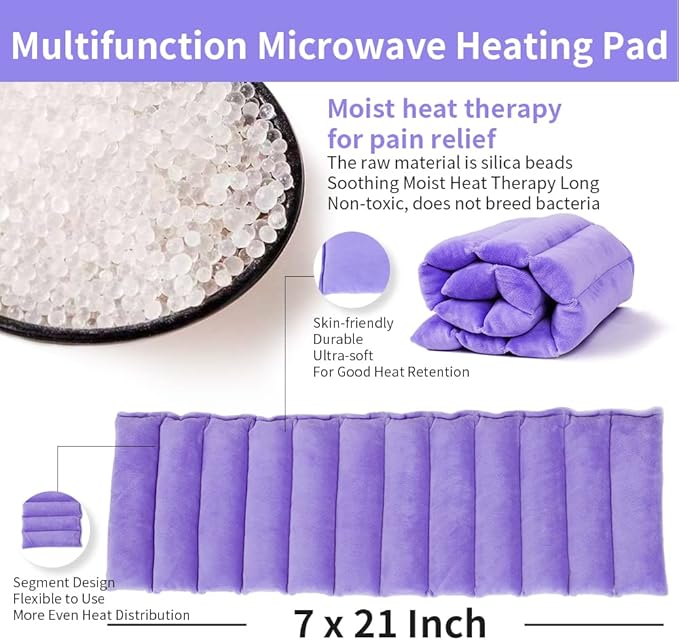 UNI-GO Silica Beads Microwave Heating Pad for Hot Compress and Cold Compress, No Smell, Reusable Microwavable Heating Pad for Back, Neck, Shoulder, Leg, Muscle Ache & Cramps. (Violet-7"x21")