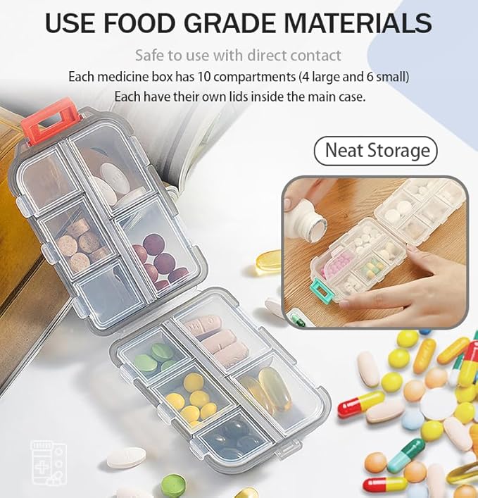 Travel Pill Organizer Portable Pocket Pill Case Small Pill Box for Purse Medicine Organizer Have 10 Compartments Storage Vitamin Fish Oil by INVODA (1PCS White+Lables)