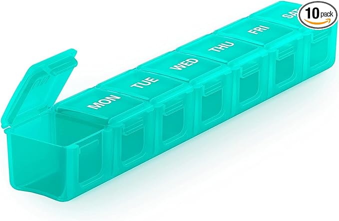 Sukuos Extra Large Weekly Pill Organizer, 7 Day Daily Pill Box Case Arthritis Friendly, Silkscreen Printed Medicine Container with Clear Lid for Vitamins, Fish Oils or Supplements (Cyan)