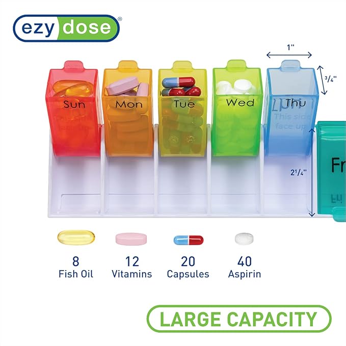 EZY DOSE Ezy Fill (14-Day) Pill Organizer, Weekly Removable Trays with Flip-Open Daily Compartments for Easy Refill, 2 Times a Day Medicine Planner, Vitamin Organizer Box, Rainbow, BPA Free