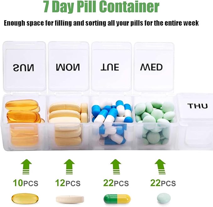 2 Pack Weekly Pill Organizer, Large 7 Day Pill Case, Daily Vitamin Case Medicine Box, AM/PM Pill Containers for Medicine Supplements Fish Oil (White & Khaki)