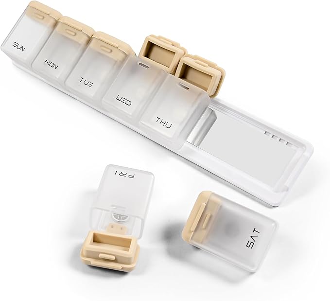 Fridge Magnetic Weekly Pill Organizer, Easy Open Daily Reminder Waterproof Pill Box for Vitamins, Travel & Daily Use (Brown)