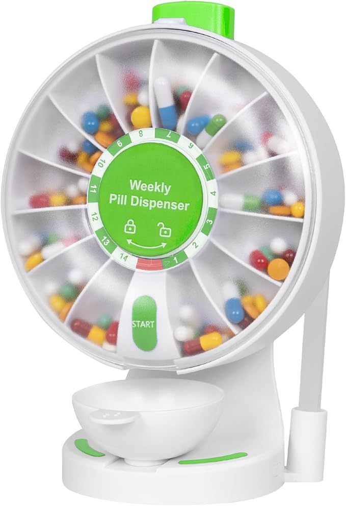 JULOS Daily Pill Organizer with One-Press Button for Elderly, Large 14 Compartment with Cup, Wall Mounted or Countertop Medicine Dispenser, Easy Pill Holder for Medicine, Vitamin or Supplements, Green