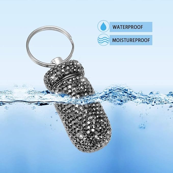 Portable Pill Case Pill Container Waterproof Pill Holder with Keychain Bling Pill Box Medicine Dispenser Bottle Storage for Outdoor Camping Travel (Grey)