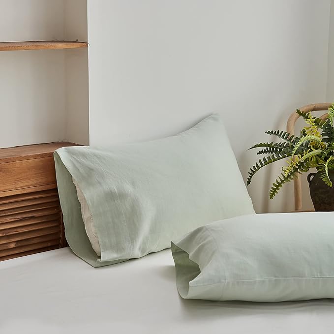 Simple&Opulence Belgian Linen Sheet Set Solid Color - 3 Pieces (1 Flat Sheet, 1 Fitted Sheet & 1 Pillowcase) Natural Flax Cotton Blend Soft Breathable Farmhouse Bedding - Twin Size, Mint Green