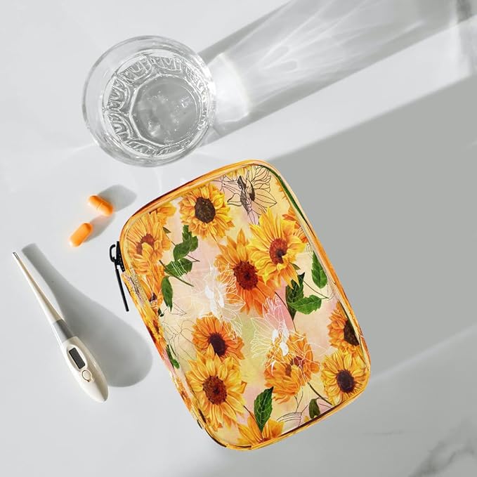 Flower Sunflower Pattern Pill Case Travel Pill Organizer Weekly 7 Day Portable with Zipper Medicine Box Pill Case for Vitamins, Birth Control,Fish Oils,Medication, Supplements