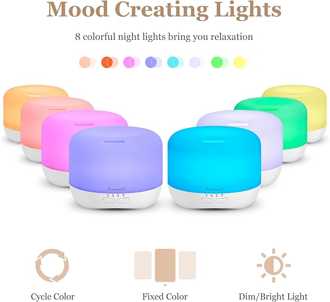 Aromatherapy Essential Oil Diffuser for Room: 500ml Colorful Aroma Air Humidifier with Adjustable Cool Mist Mode, Waterless Auto Off Ultrasonic Diffusers for Large Room Home Office(White)
