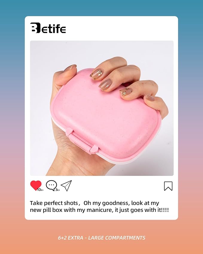 Travel Pill Organizer, 6+2 Extra Large Compartments Portable Pill Case, Daily Pill Box to Hold Vitamins, Small Pill Container for Pocket Purse Medicine Organizer（Pink）