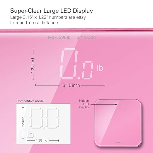 VisionTechShop S Body High Precision Ultra Wide Digital Body Weight Bathroom Scale up to 396lb/180kg, Super-Clear Large LED Display,Step-On Technology, Pink