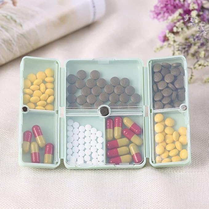 Daily Pill Organizer, 7 Compartments Portable Pill Case Travel Pill Organizer, Folding Design Pill Box (White)