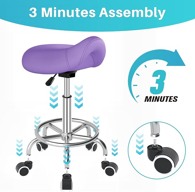 YEEZEE Saddle Stool Ergonomic- Comfortable Rolling Saddle Stool with Wide Thick Saddle Seat Padding, Swivel Adjustable Saddle Chair with Wheels and Ring Pedal for Medical Massage Salon (Purple)