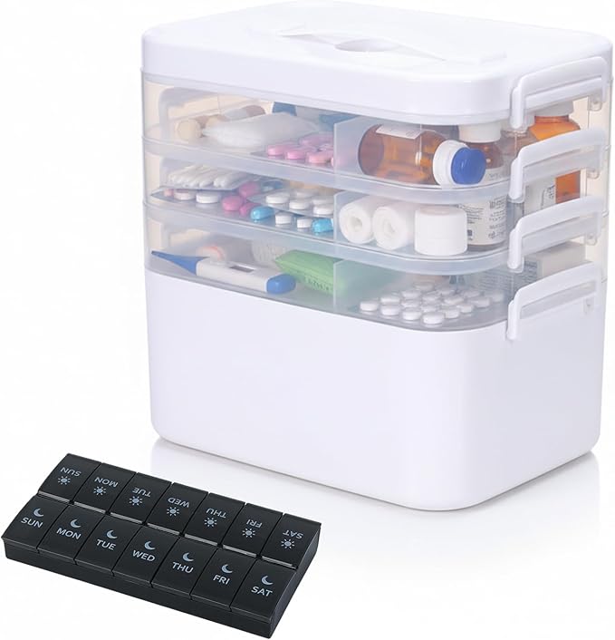 4-Tier Medicine Organizer, Medicine Cabinet Storage Box with 7 Day Pill Organizer 2 Times a Day, Stackable First aid Box with Hidden Handle, Home Organization Essentials