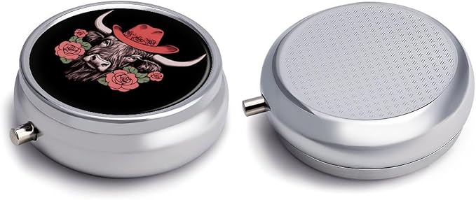 Highland Cow Round Pill Case Mini Pill Box Portable Medicine Organizer Pill Container for Travel