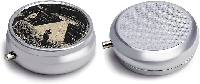 Pill Box-3 Compartment Small Pill Case, Portable Round Pill Box for Pocket or Purse, Decorative Metal Medicine Vitamin Organizer. (Alien Spaceship Landing on The cat)