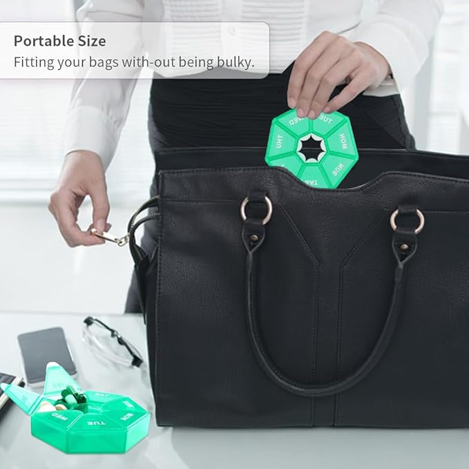 Green Daily Pill Organizer - 7 Day, 1 Time a Day, Travel Pill Box with 7 Compartments
