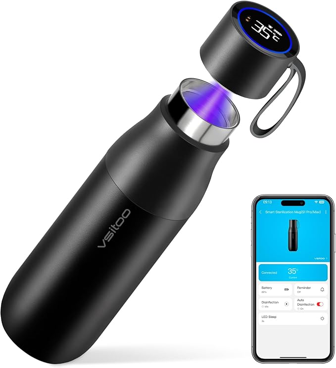 VSITOO 15oz Mini Smart Water Bottle，Self-Cleaning Insulated Bottle, Small Thermoses with AI, App & Touchscreen, Perfect Purse Water Bottle for Travel, Gym & Office, Black