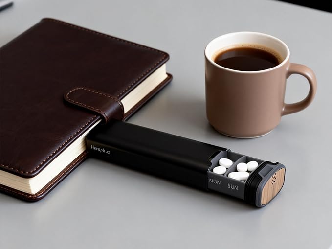 7-Day Aluminum & Wood Pill Organizer – Weekly Medicine & Supplement Case – Compact Travel Pill Box with Individual Daily Compartments (Black)