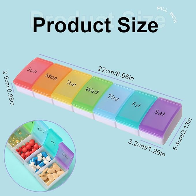 Pill Organizer Large, Weekly 7-Day Tablet Case Dispenser, Travel Medicine Pill Box Holder Container for Medication, Supplements, Fish Oil, Capsules (White, 7-Color lid