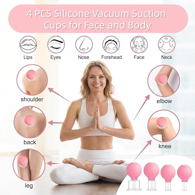 Professional Glass Facial Cupping Set & Therapy Kit – 4 PCS Silicone Vacuum Suction Cups for Face and Body, Anti-Wrinkle, Lifting, Muscle Pain Relief, Complete Cupping Massage Set for Home Use
