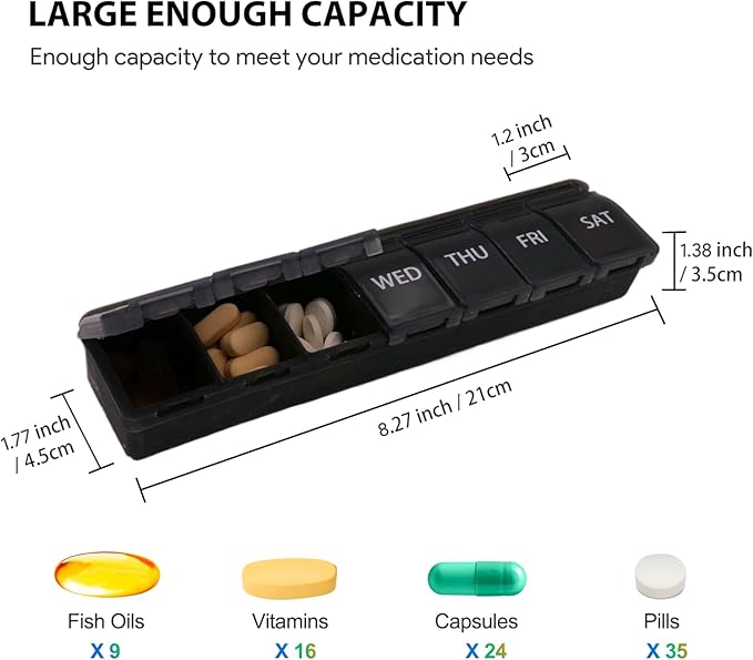 Silicone Weekly Pill Organizer, 7 Day Pill Box Medicine Box Dail Arthritis-Friendly, Large Medicine Case Compact Travel Pill Container for Pill,Vitamin & Fish Oil (Black)