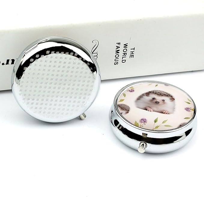 Cute Baby Hedgehog Pill Box Travel Pill Case for Purse Pocket Weekly Medicine Organizer with Mirror 3 Compartment Round Medicine Case Portable PillcaseHolder for Daily