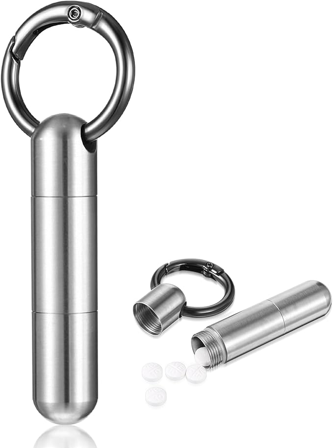 Small Keychain Pill Holder Stainless Steel Waterproof Container Tiny Portable Pill Case Organizer for Travel Purse Pocket Mental Box with Keyring for Outdoor Camping(2 Compartment)