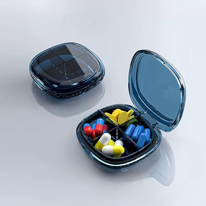 KOIALMA Portable Pills Organizer Box with 4 Compartments - Small Sized Medicine Storage Case with Sealed Compact Compartments. (Clean-Blue)