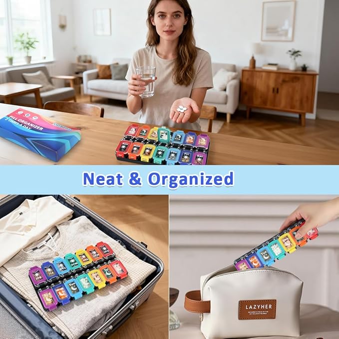 Shintop Weekly Pill Organizer 2 Times a Day, Moisture-Proof Large Vitamin Box 7 Day Secure-Locking Medicine Case with Detachable Rows for Home & Travel (Rainbow)