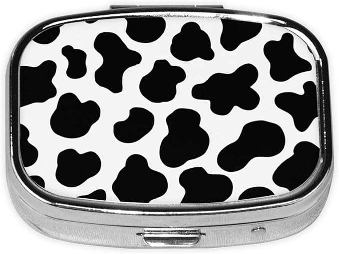Animal Cow White Black Spot Print Square Metal Pill Box with 2 Compartment for Pocket or Purse Travel Bag Small Size 2.2 inche