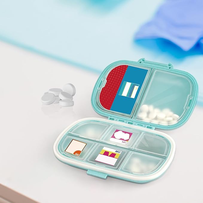 1Pack Travel Pill Organizer & 56 Medicine Name Stickers, 8 Compartments Portable Pill Case, Small Pill Box for Pocket Purse Portable Medicine Vitamin Container with Stickers (Blue with Stickers)