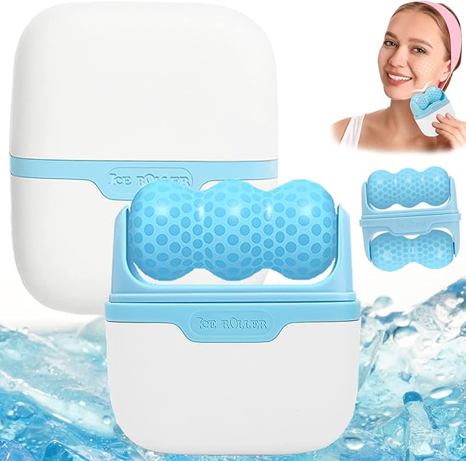 2-in-1 Ice Roller for Face Skin Care Tool Personal Skin Cooling Ice Roller Therapy Tools, Cold Facial Roller Massager for Eye Puffiness, Migraine, TMJ Pain Relief & Minor Injury (Blue)