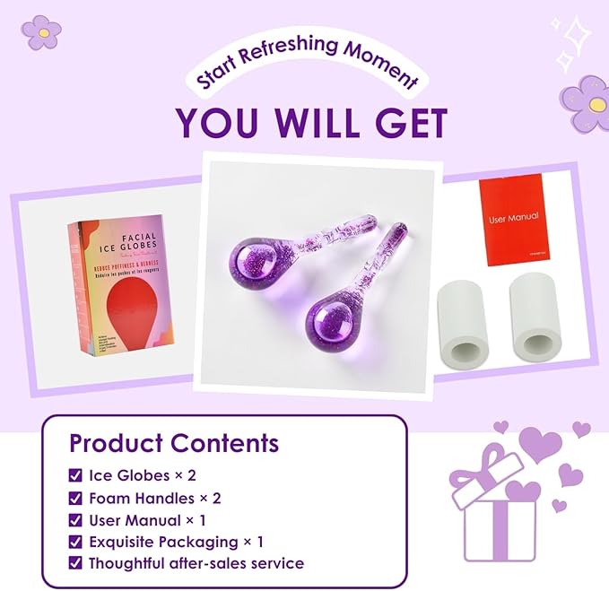 Facial Ice Globes, Cryo Cooling Balls with Anti-Slip Handle for Face, Eyes & Neck, Relaxing Beauty Massage Tool for Soothing and Refreshing Skincare Routine, Glitter Purple