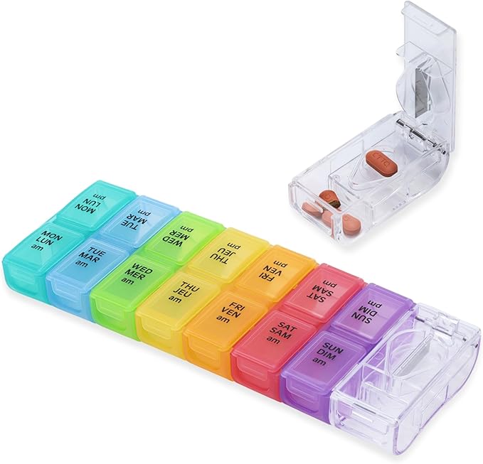 7-Day AM/PM Pill Organizer, Built-in Pill Cutter, Detachable Small Daily Pods, Portable Travel Case, Purse-Friendly, Rainbow Color
