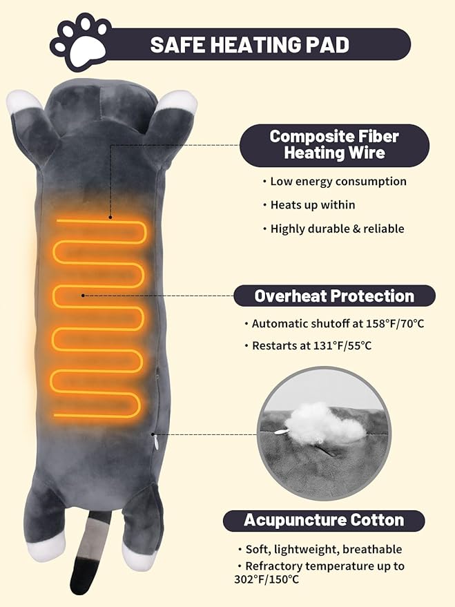 20" Grey Cat Heating Pad for Period Cramps USB Portable Electric 5 Heat Settings 5 Timer Modes Auto Shut Off Plush Stuffed Animal Warmer for Neck Back Pain Relax for Women Kids