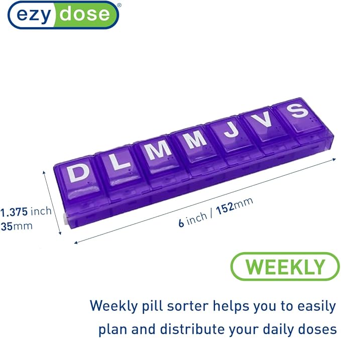 EZY DOSE Weekly (7-Day) Pill Organizer, Vitamin and Medicine Box, Medium Pop-Out Compartments, 4 Times a Day, Colors May Vary, Spanish Imprints (Pack of 5)