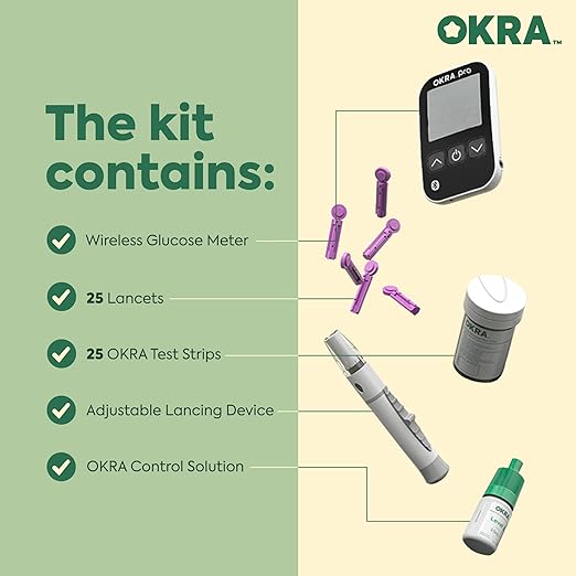 OKRA PRO Blood Sugar Monitor Kit – 5s Fast Glucose Results, No Coding, Strip Ejection, App for Tracking, 25 Test Strips, Home Diabetes Testing