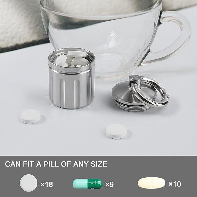 Waterproof Pill Organizer, Stainless Steel, Keychain, Portable Pill Container Single Chamber Box Outdoor Camping, Size: 1.2 x 1.2 x 1.65 inches