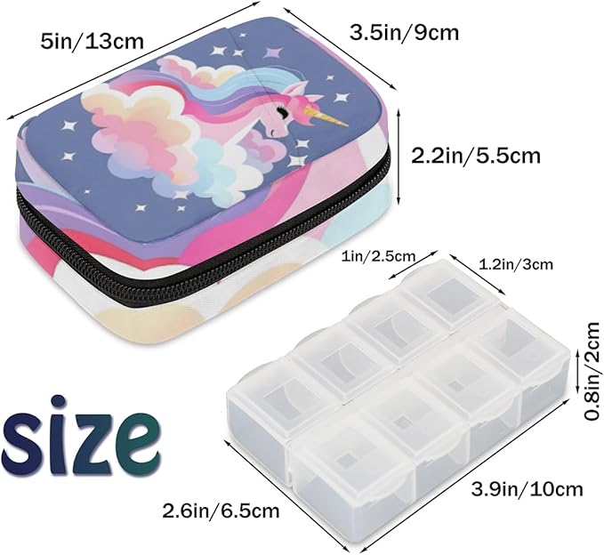 Cute Unicorn Prints Travel Pill Organizer Bag Portable Weekly Pill Box Travel Medicine Organizer 7 Day Pill Case with Zipper for Daily Travel Family Business