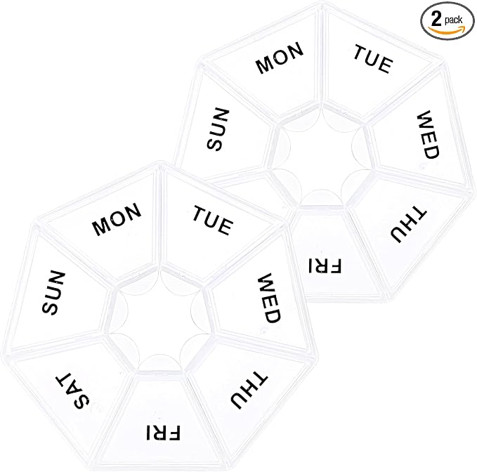 Sibba 7 Day Pill Organizer, 2 Pcs Medicine Pill Box, Daily Pill Holder, Portable Travel Pill Container Holder for Pocket or Purse, Medicine Planner for Vitamins Fish Oil, Supplements(Clear)